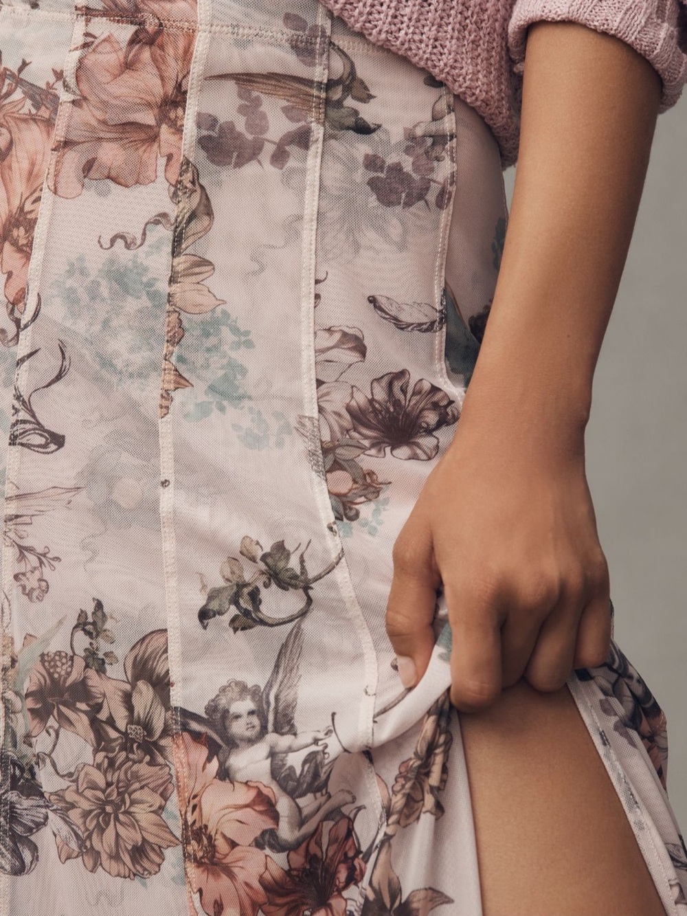 BOGO! Anthropologie Pilcro Mesh Seamed Midi Skirt French Neutral Floral Small - Picture 3 of 10